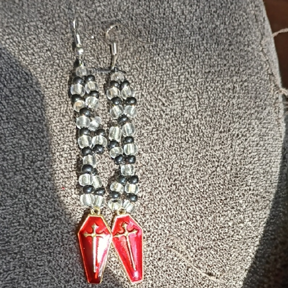 Red and Silver Beaded Earrings
